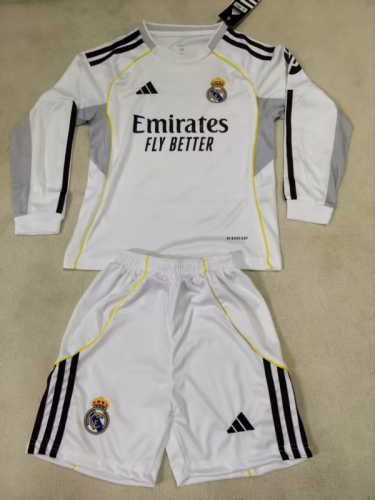 25-26 Real Madrid Home Long Sleeve Kids Cheap Soccer Jerseys