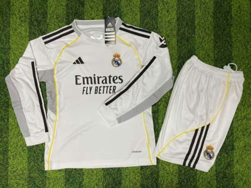 25-26 Real Madrid Home Long Sleeve Kids Cheap Soccer Jerseys