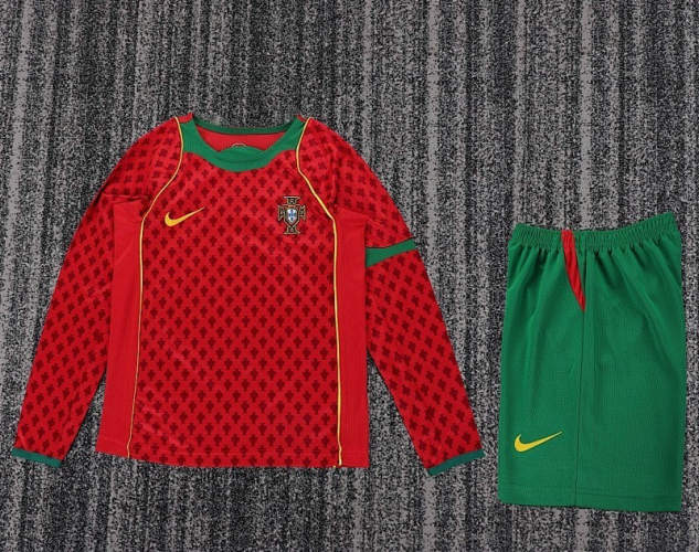 2004 Portugal Home Long Sleeve Retro Kids Cheap Soccer Jerseys