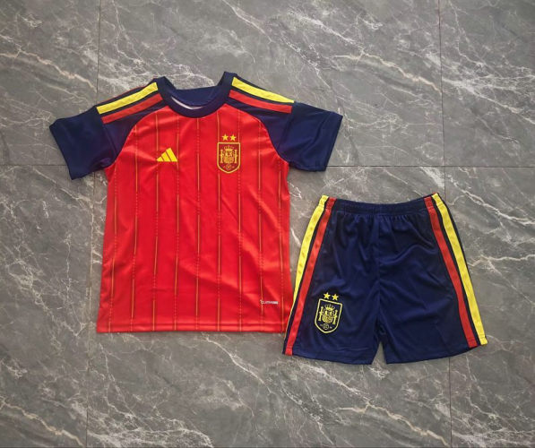 26-27 Spain Home Kids Cheap Soccer Jerseys and shorts